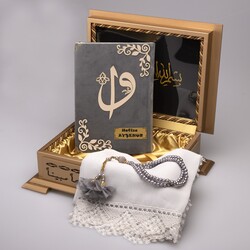 Shawl + Salah Beads + Quran Gift Set (Hafiz Size, Velvet, Grey) - Thumbnail