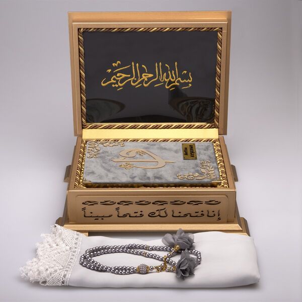 Shawl + Salah Beads + Quran Gift Set (Hafiz Size, Velvet, Grey)