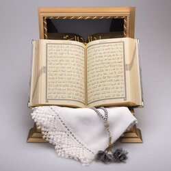 Shawl + Salah Beads + Quran Gift Set (Hafiz Size, Velvet, Grey) - Thumbnail