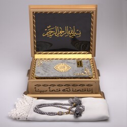 Shawl + Salah Beads + Quran Gift Set (Hafiz Size, Velvet, Grey) - Thumbnail