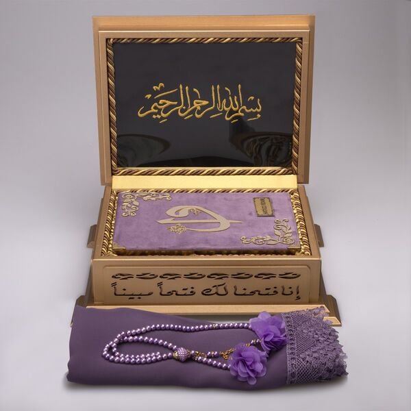 Shawl + Salah Beads + Quran Gift Set (Hafiz Size, Velvet, Lilac)