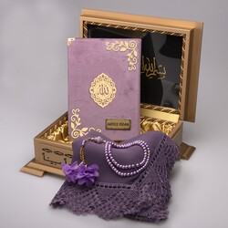 Shawl + Salah Beads + Quran Gift Set (Hafiz Size, Velvet, Lilac) - Thumbnail