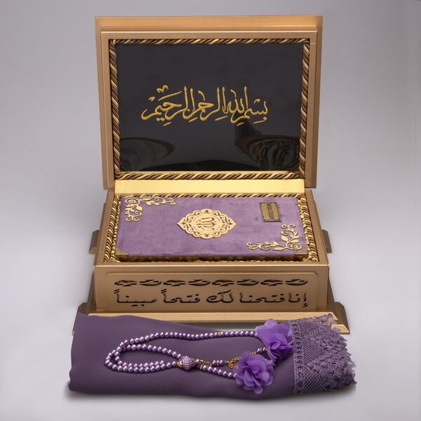 Shawl + Salah Beads + Quran Gift Set (Hafiz Size, Velvet, Lilac)