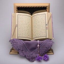 Shawl + Salah Beads + Quran Gift Set (Hafiz Size, Velvet, Lilac) - Thumbnail