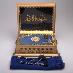 Shawl + Salah Beads + Quran Gift Set (Hafiz Size, Velvet, Navy Blue) - Thumbnail