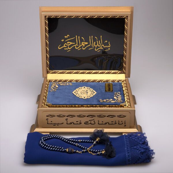 Shawl + Salah Beads + Quran Gift Set (Hafiz Size, Velvet, Navy Blue)