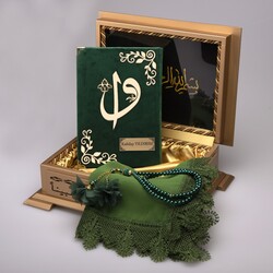 Shawl + Salah Beads + Quran Gift Set (Hafiz Size, Velvet, Olive Green) - Thumbnail