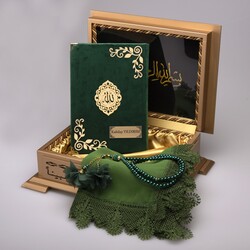 Shawl + Salah Beads + Quran Gift Set (Hafiz Size, Velvet, Olive Green) - Thumbnail