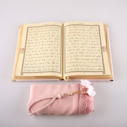 Shawl + Salah Beads + Quran Gift Set (Hafiz Size, Velvet, Powder Pink) - Thumbnail