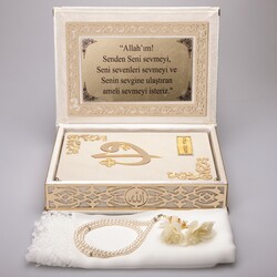 Shawl + Salah Beads + Quran Gift Set (Medium Size, Cream, Gold Plexy) - Thumbnail