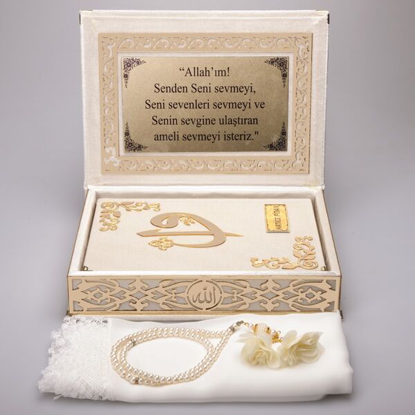 Shawl + Salah Beads + Quran Gift Set (Medium Size, Cream, Gold Plexy)