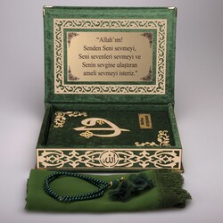 Shawl + Salah Beads + Quran Gift Set (Medium Size, Green, Gold Plexy) - Thumbnail