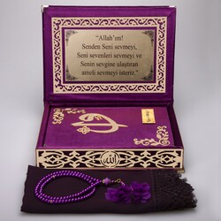 Shawl + Salah Beads + Quran Gift Set (Medium Size, Purple, Gold Plexy) - Thumbnail