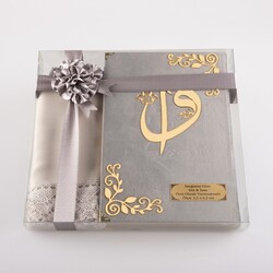 Shawl + Salah Beads + Quran Gift Set (Medium Size, Velvet, Grey) - Thumbnail