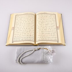 Shawl + Salah Beads + Quran Gift Set (Medium Size, Velvet, Grey) - Thumbnail