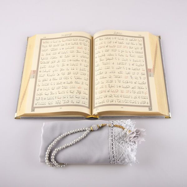 Shawl + Salah Beads + Quran Gift Set (Medium Size, Velvet, Grey)