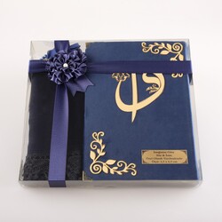 Shawl + Salah Beads + Quran Gift Set (Medium Size, Velvet, Navy Blue) - Thumbnail