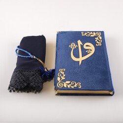 Shawl + Salah Beads + Quran Gift Set (Medium Size, Velvet, Navy Blue) - Thumbnail