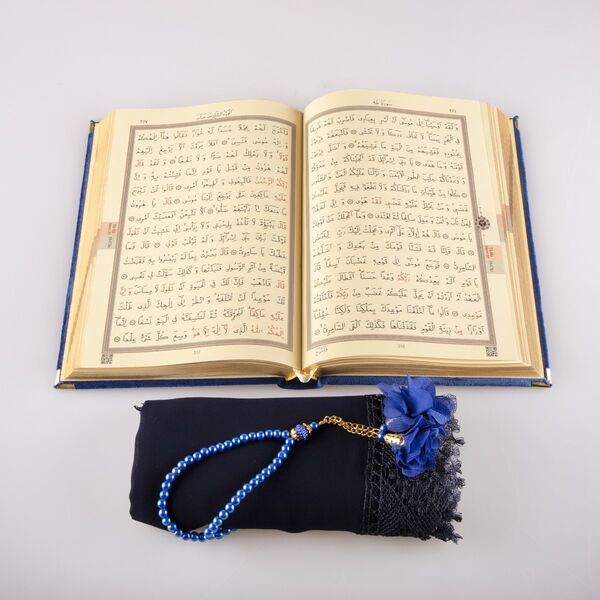 Shawl + Salah Beads + Quran Gift Set (Medium Size, Velvet, Navy Blue)