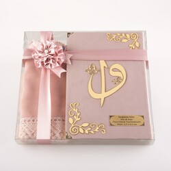 Shawl + Salah Beads + Quran Gift Set (Medium Size, Velvet, Powder Pink) - Thumbnail