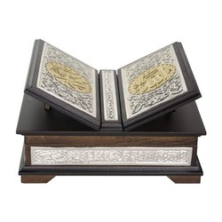 Silver Colour Plated Gilded Qur'an al-Kareem With Chest and Holder (Bag Size) - Thumbnail